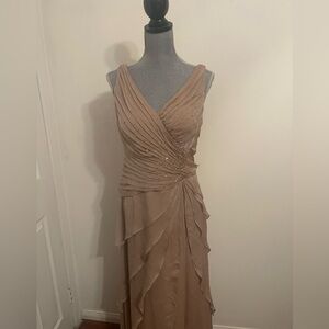 Ignite Evenings Elegant Taupe V-Neck Evening Dress with Beaded Bodice. Size 10